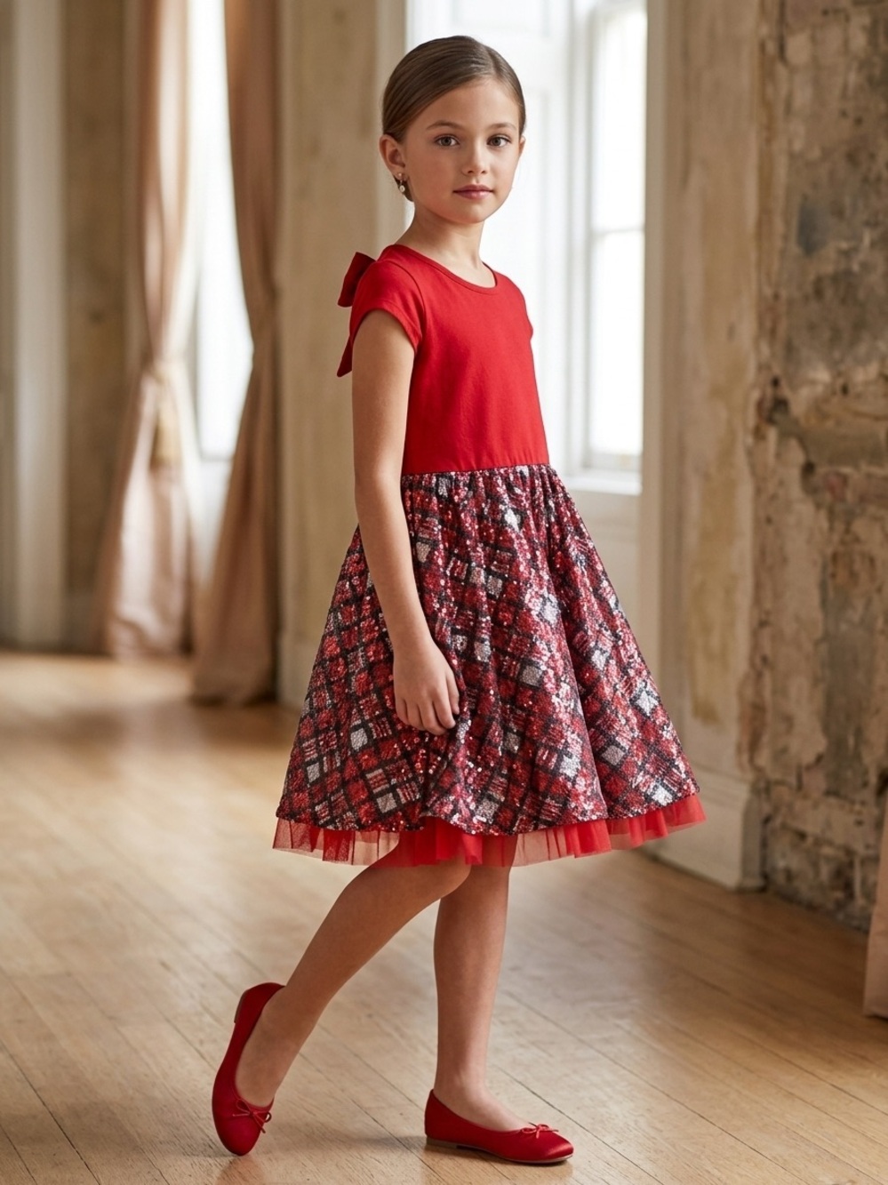 Justice Red Knit Bodice Plaid Tulle Hem Dress